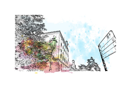 Building view with landmark of San Marino is the capital city in Republic San Marino. Watercolor splash with hand drawn sketch illustration in vector.のイラスト素材