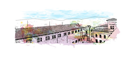 Building view with landmark of San Marino is the capital city in Republic San Marino. Watercolor splash with hand drawn sketch illustration in vector.のイラスト素材