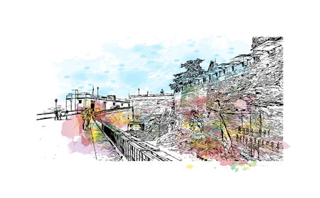 Building view with landmark of San Marino is the capital city in Republic San Marino. Watercolor splash with hand drawn sketch illustration in vector.のイラスト素材