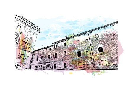 Building view with landmark of San Marino is the capital city in Republic San Marino. Watercolor splash with hand drawn sketch illustration in vector.のイラスト素材