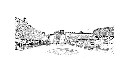 Building view with landmark of San Miguel de Allende is the city in Mexico. Hand drawn sketch illustration in vector.のイラスト素材