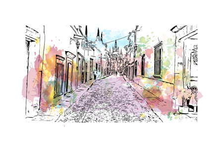 Building view with landmark of San Miguel de Allende is the city in Mexico. Watercolor splash with hand drawn sketch illustration in vector.のイラスト素材