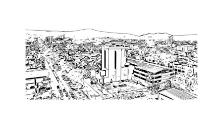 Building view with landmark of San Pedro is the city in Belize. Hand drawn sketch illustration in vector.のイラスト素材