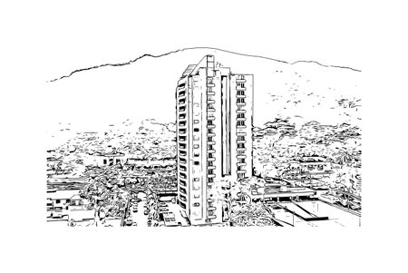 Building view with landmark of San Pedro is the city in Belize. Hand drawn sketch illustration in vector.のイラスト素材