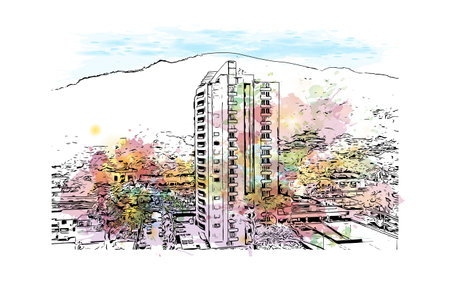 Building view with landmark of  San Pedro is the city in Belize.Watercolor splash with hand drawn sketch illustration in vector.のイラスト素材
