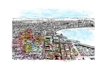 Building view with landmark of San Sebastian is the city in Spain. Watercolor splash with hand drawn sketch illustration in vector.のイラスト素材