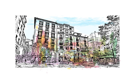 Building view with landmark of San Sebastian is the city in Spain. Watercolor splash with hand drawn sketch illustration in vector.のイラスト素材