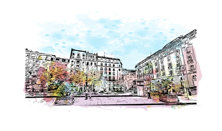 Building view with landmark of San Sebastian is the city in Spain. Watercolor splash with hand drawn sketch illustration in vector.のイラスト素材