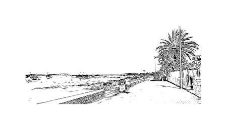 Building view with landmark of Sant Antoni is the city in Spain. Hand drawn sketch illustration in vector.のイラスト素材