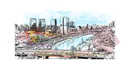 Building view with landmark of Sao Paulo is the city in Brazil. Watercolor splash with hand drawn sketch illustration in vector.のイラスト素材
