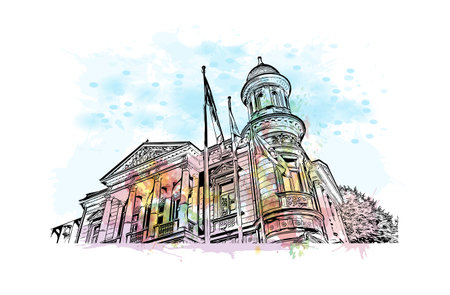 Building view with landmark of Sarajevo is the capital of Bosnia and Herzegovina. Watercolor splash with hand drawn sketch illustration in vector.のイラスト素材