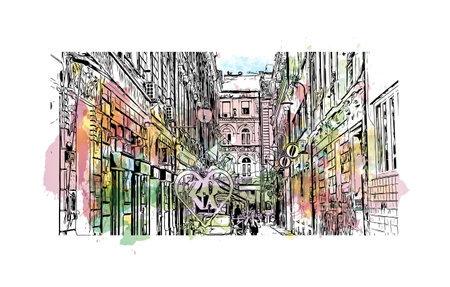 Building view with landmark of Sarajevo is the capital of Bosnia and Herzegovina. Watercolor splash with hand drawn sketch illustration in vector.のイラスト素材