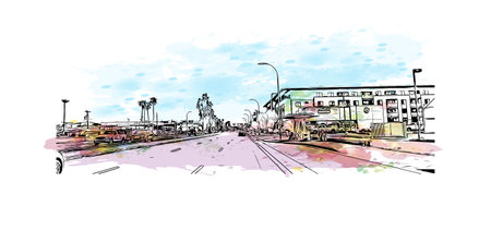 Building view with landmark of Scottsdale is the city in Arizona. Watercolor splash with hand drawn sketch illustration in vectorのイラスト素材