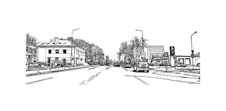 Building view with landmark of 
Siauliai is the city in Lithuania. Hand drawn sketch illustration in vector.のイラスト素材