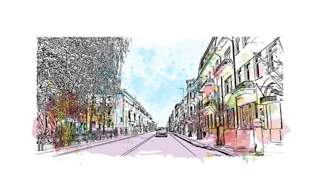 Building view with landmark of 
Siauliai is the city in Lithuania. Watercolor splash with hand drawn sketch illustration in vector.のイラスト素材