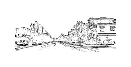 Building view with landmark of Siesta Key is a barrier island in Florida. Hand drawn sketch illustration in vector.のイラスト素材