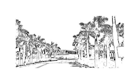 Building view with landmark of Siesta Key is a barrier island in Florida. Hand drawn sketch illustration in vector.のイラスト素材