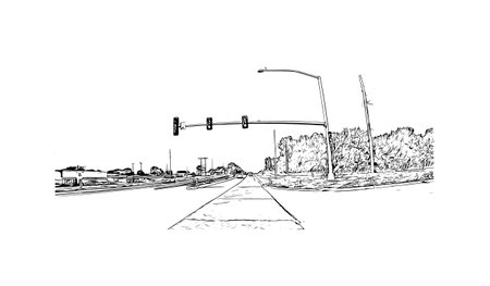 Building view with landmark of Sioux is the city in northwest Iowa. Hand drawn sketch illustration in vector.のイラスト素材