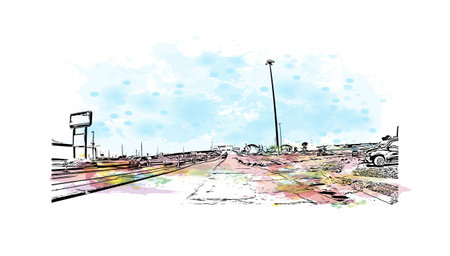 Building view with landmark of Sioux is the city in northwest Iowa. Watercoloer splash with hand drawn sketch illustration in vector.のイラスト素材