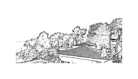 Building view with landmark of  Skiathos is the island in Aegean Sea. Hand drawn sketch illustration in vector.のイラスト素材