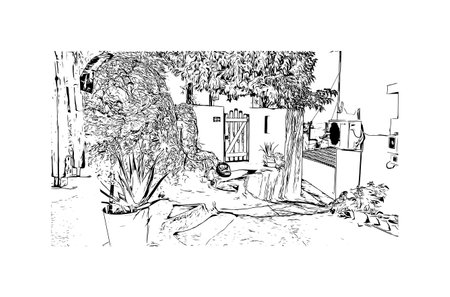 Building view with landmark of  Skiathos is the island in Aegean Sea. Hand drawn sketch illustration in vector.のイラスト素材