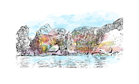 Building view with landmark of  Skiathos is the island in Aegean Sea. Watercolor splash with hand drawn sketch illustration in vector.のイラスト素材