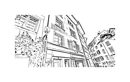 Building view with landmark of 
Schaffhausen is the town in Switzerland. Hand drawn sketch illustration in vector.のイラスト素材