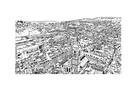 Building view with landmark of 
Schaffhausen is the town in Switzerland. Hand drawn sketch illustration in vector.のイラスト素材