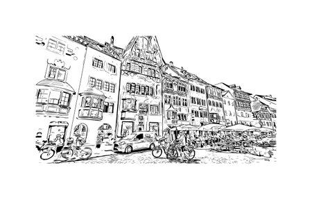 Building view with landmark of 
Schaffhausen is the town in Switzerland. Hand drawn sketch illustration in vector.のイラスト素材