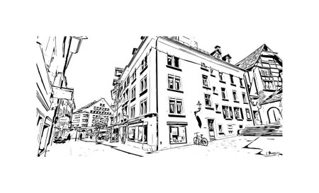 Building view with landmark of 
Schaffhausen is the town in Switzerland. Hand drawn sketch illustration in vector.のイラスト素材