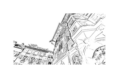 Building view with landmark of 
Schaffhausen is the town in Switzerland. Hand drawn sketch illustration in vector.のイラスト素材