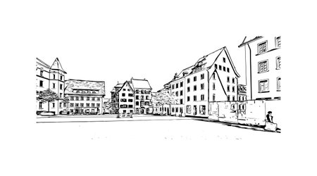 Building view with landmark of 
Schaffhausen is the town in Switzerland. Hand drawn sketch illustration in vector.のイラスト素材