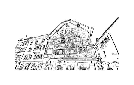 Building view with landmark of 
Schaffhausen is the town in Switzerland. Hand drawn sketch illustration in vector.のイラスト素材