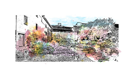Building view with landmark of 
Schaffhausen is the town in Switzerland. Watercolor splash with hand drawn sketch illustration in vector.のイラスト素材