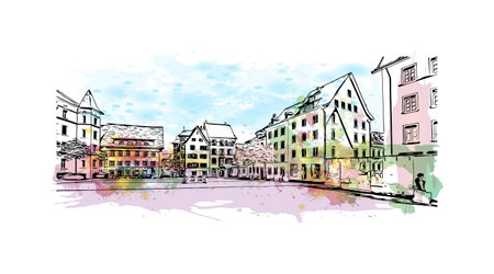 Building view with landmark of 
Schaffhausen is the town in Switzerland. Watercolor splash with hand drawn sketch illustration in vector.のイラスト素材