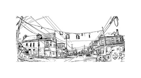 Building view with landmark of 
Schenectady is the city in New York State. Hand drawn sketch illustration in vector.のイラスト素材