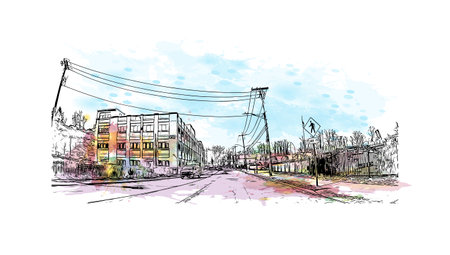 Building view with landmark of 
Schenectady is the city in New York State. Watercolor splash with hand drawn sketch illustration in vector.のイラスト素材