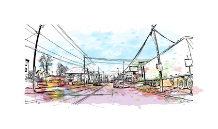 Building view with landmark of 
Schenectady is the city in New York State. Watercolor splash with hand drawn sketch illustration in vector.のイラスト素材