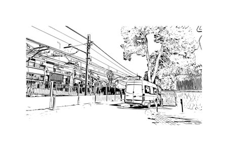 Building view with landmark of 
Sitges is the town in Spain.
Hand drawn sketch illustration in vector.のイラスト素材