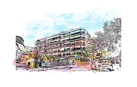 Building view with landmark of 
Sitges is the town in Spain.
Watercolor splash with hand drawn sketch illustration in vector.のイラスト素材