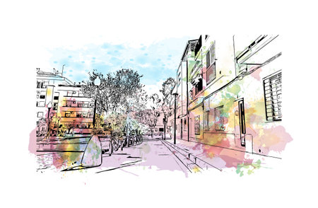 Building view with landmark of 
Sitges is the town in Spain.
Watercolor splash with hand drawn sketch illustration in vector.のイラスト素材