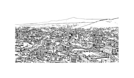 Building view with landmark of 
Skopje is the capital in Republic Macedonia. Hand drawn sketch illustration in vector.のイラスト素材