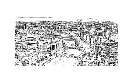 Building view with landmark of 
Skopje is the capital in Republic Macedonia. Hand drawn sketch illustration in vector.のイラスト素材