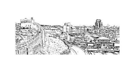 Building view with landmark of 
Skopje is the capital in Republic Macedonia. Hand drawn sketch illustration in vector.のイラスト素材