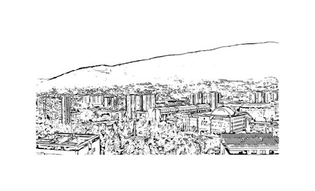 Building view with landmark of 
Skopje is the capital in Republic Macedonia. Hand drawn sketch illustration in vector.のイラスト素材