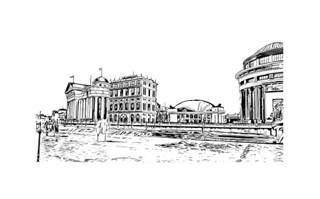 Building view with landmark of 
Skopje is the capital in Republic Macedonia. Hand drawn sketch illustration in vector.のイラスト素材