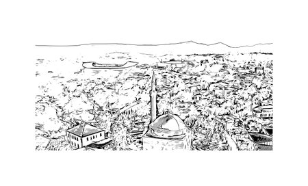 Building view with landmark of 
Skopje is the capital in Republic Macedonia. Hand drawn sketch illustration in vector.のイラスト素材