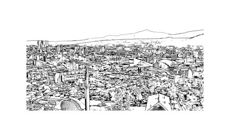 Building view with landmark of 
Skopje is the capital in Republic Macedonia. Hand drawn sketch illustration in vector.のイラスト素材