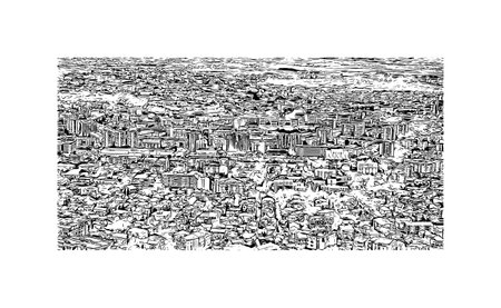 Building view with landmark of 
Skopje is the capital in Republic Macedonia. Hand drawn sketch illustration in vector.のイラスト素材