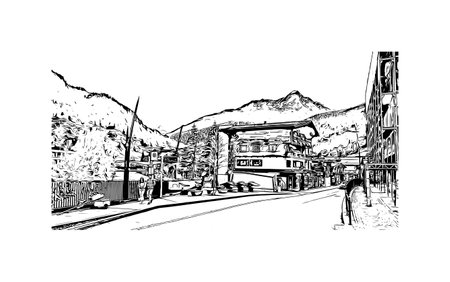 Building view with landmark of 
Solden is a municipality in Austria. Hand drawn sketch illustration in vector.のイラスト素材